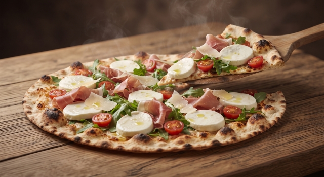 Pizza Crudaiola - Mozzarella fiordilatte pugliese, prosciutto crudo di Parma, rucola fresca, pomodorini, scaglie di Parmigiano Reggiano 18 mesi