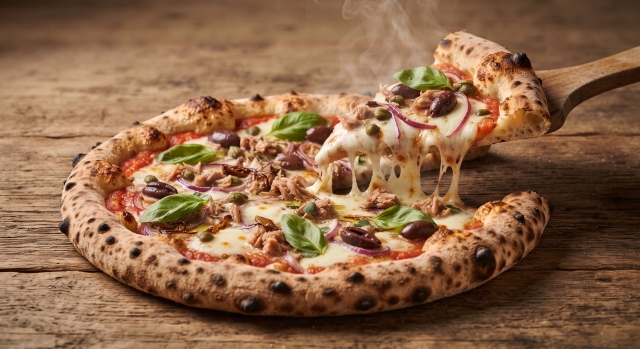 Pizza Tonno e Cipolla - Pomodoro del Gargano, tonno di Colimena, cipolla rossa di Tropea IGP, capperi di Pantelleria IGP, olive nere denocciolate, basilico fresco